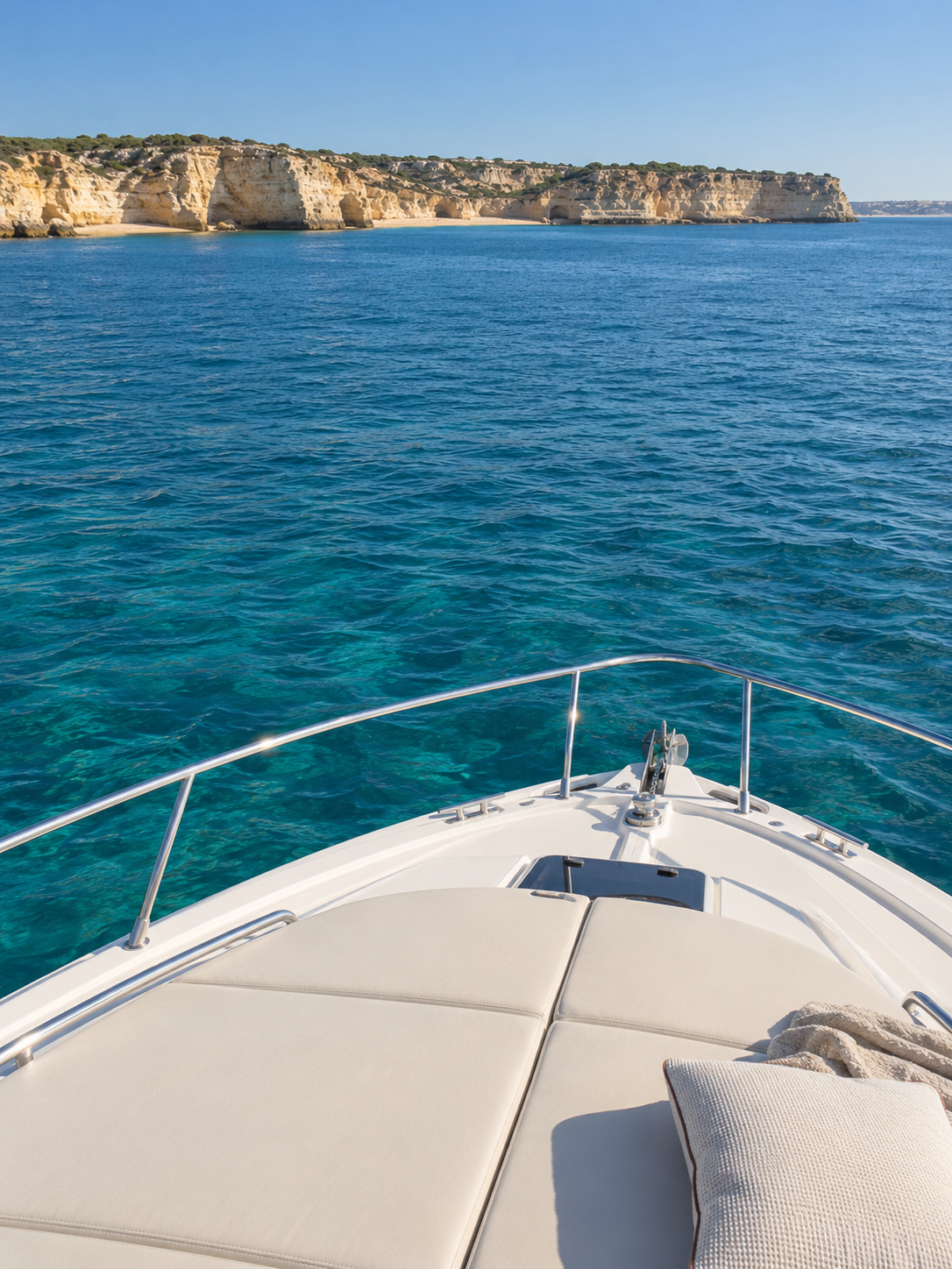 Illustrative view from a yacht's bow over clear water towards a limestone coast