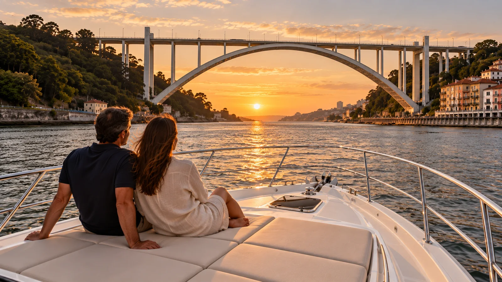 Illustrative couple watching the sunset from the bow