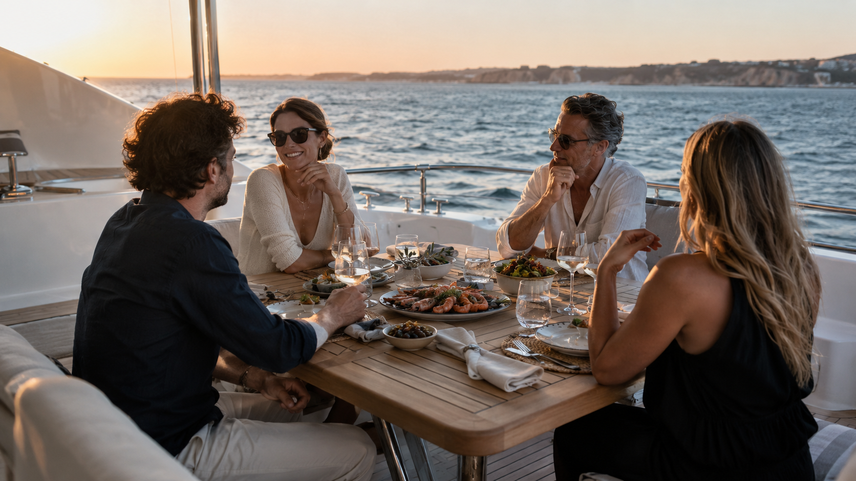 Illustrative sunset dinner with friends on the open deck of a yacht
