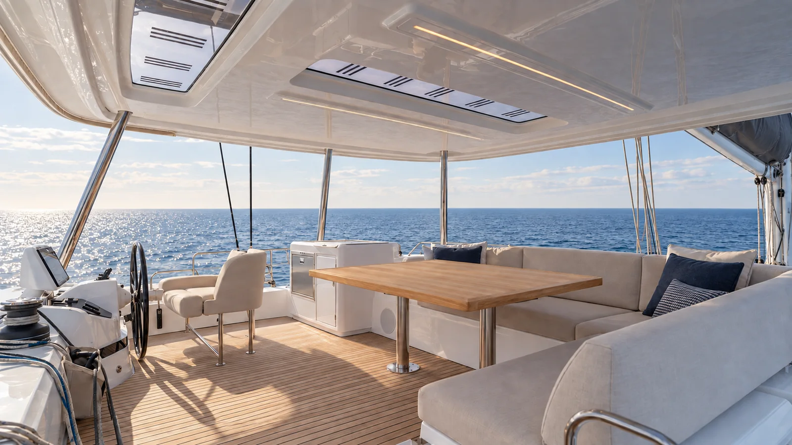 Lagoon 55 — Flybridge lounge and helm, Cascais Marina
