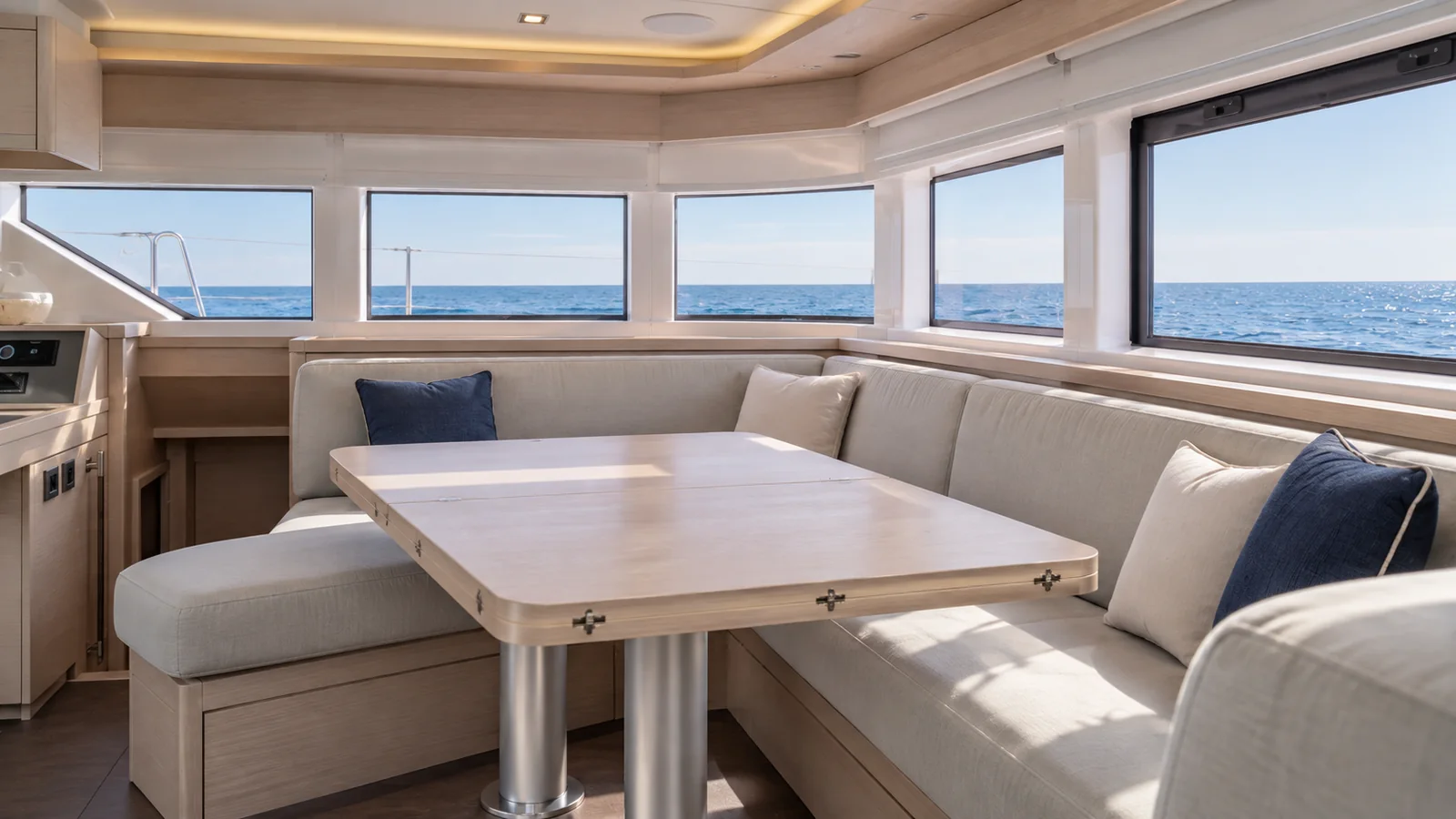 Lagoon 55 — Indoor dining detail, Cascais Marina